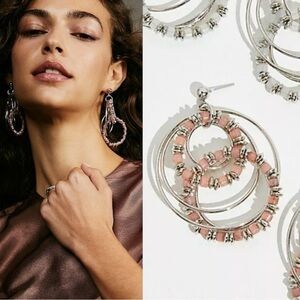Free People Racer Moonstone Beaded Hoops in Blush Pink Silver 70s 80s Retro NWT